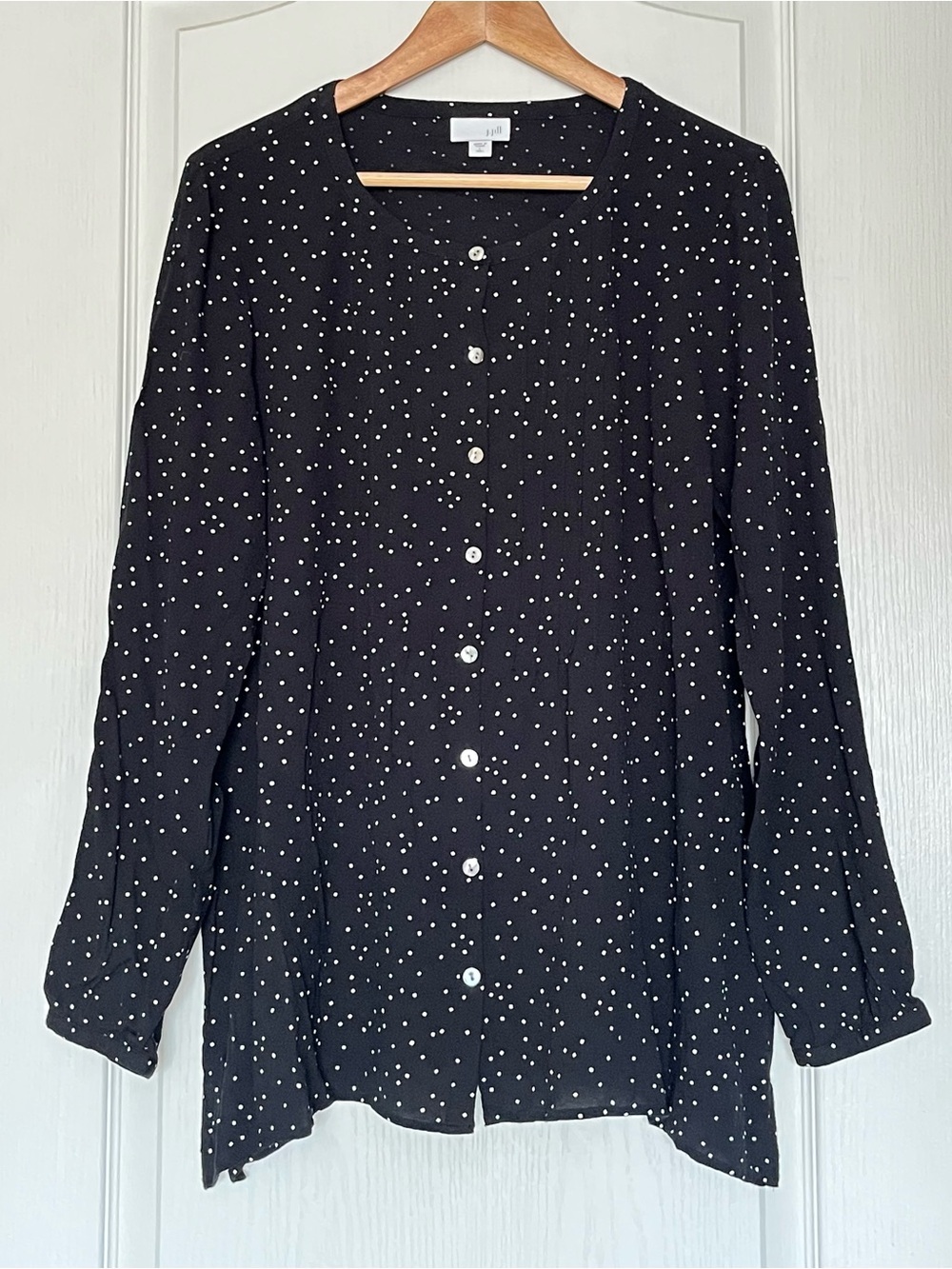 J. Jill Black White Polka Dot Button Down Blouse Size L Classic Minimalist